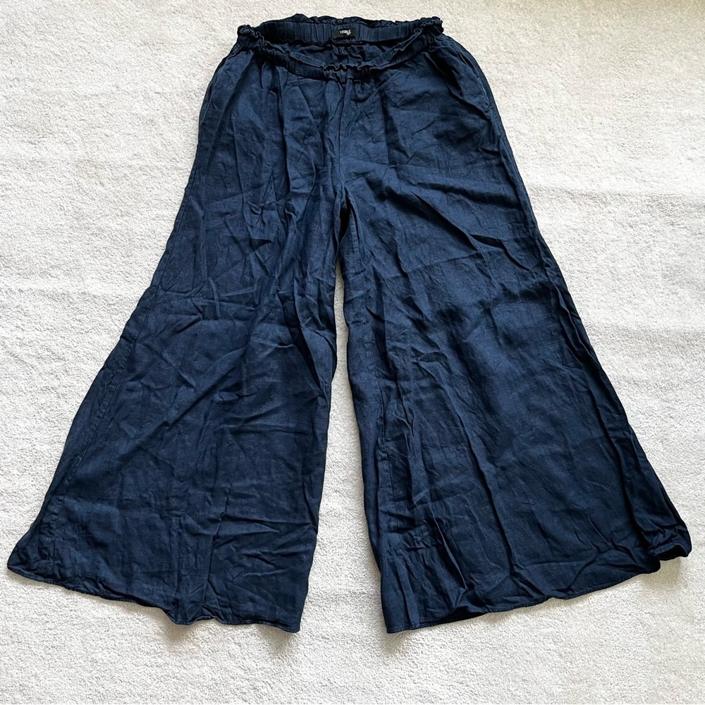 VISIBLE ART 100% LINEN NAVY WIDE LEG ELASTIC WAIST PANT SIZE XL MINIMALIST - Picture 9 of 9
